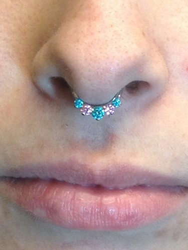Septum Piercing With A Gorgeous Mint And Pink CZ Combo From Industrial Strength